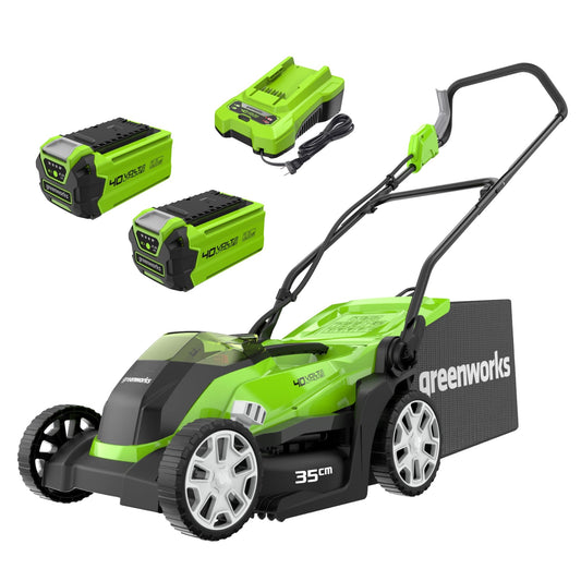 Greenworks 40V Cordless Lawnmower 35cm for Small to Medium Gardens, 2×2Ah Batteries & Charger, 40L Grass Bag – G40LM35K2X